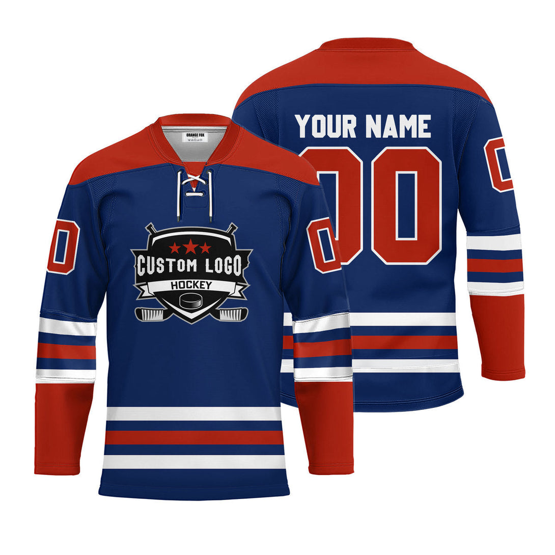 Custom Blue Edmonton Lace Neck Hockey Jersey For Men & Women