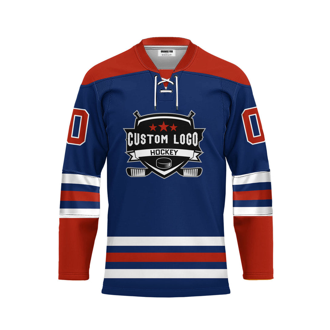 Custom Blue Edmonton Lace Neck Hockey Jersey For Men & Women