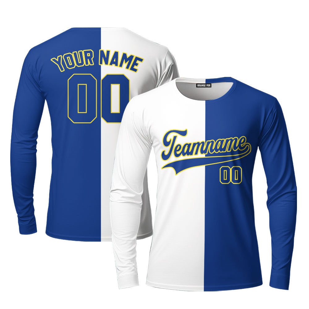 Custom Blue Gold White Split Fashion Custom Long Sleeve T-Shirt For Men & Women