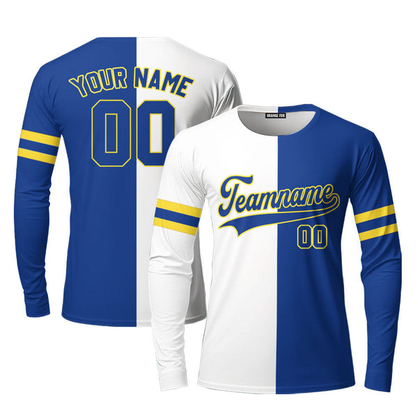 Custom Blue Gold White Split Fashion Custom Long Sleeve T-Shirt For Men & Women