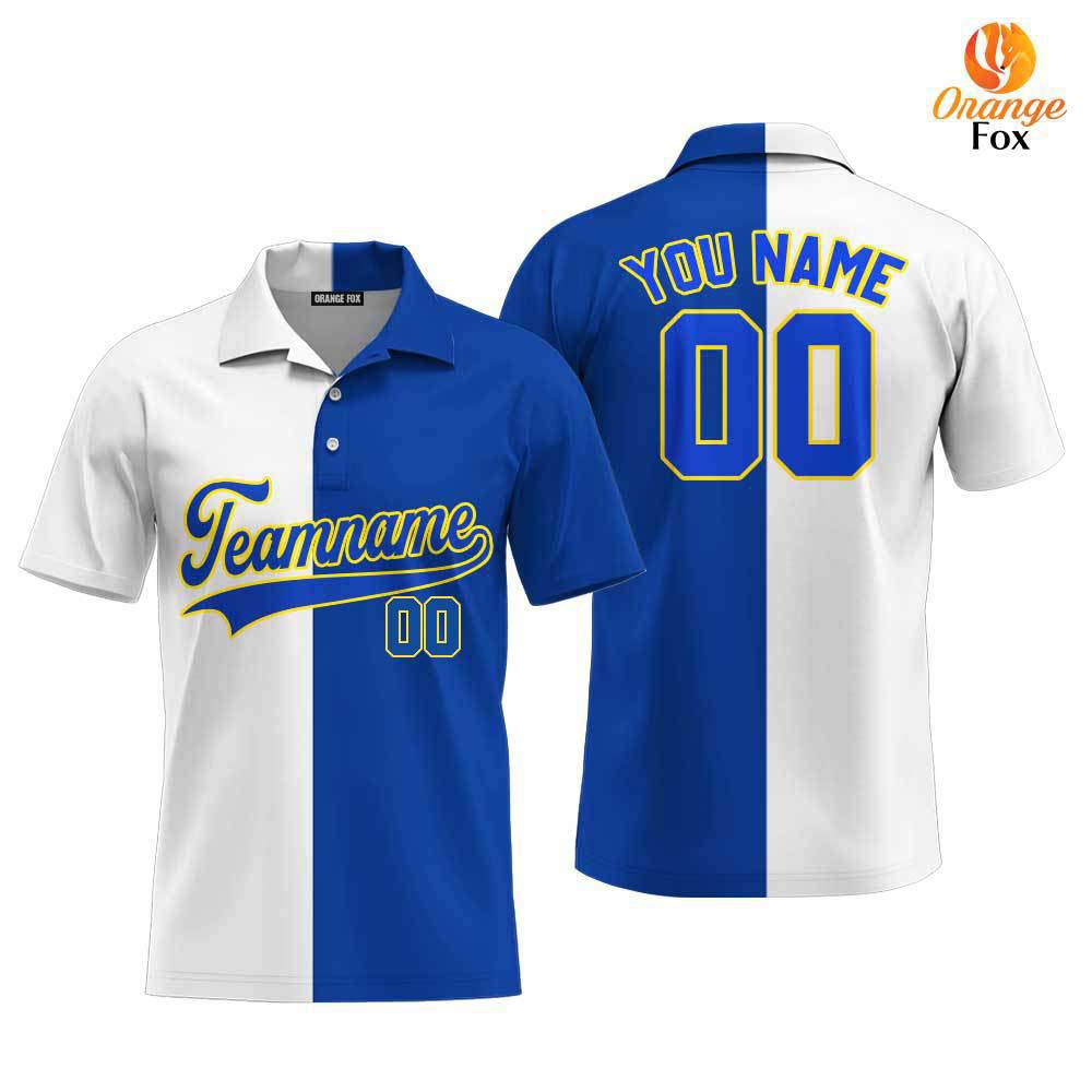 Custom Blue Gold White Split Fashion Custom Polo Shirt For Men