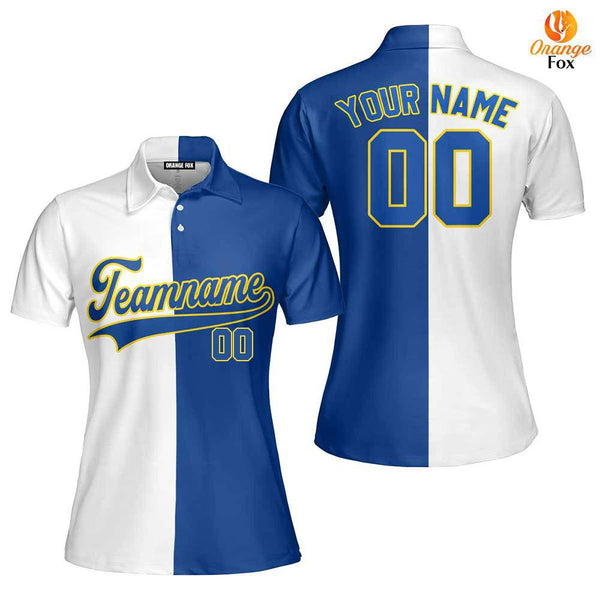 Custom Blue Gold White Split Fashion Custom Polo Shirt For Women