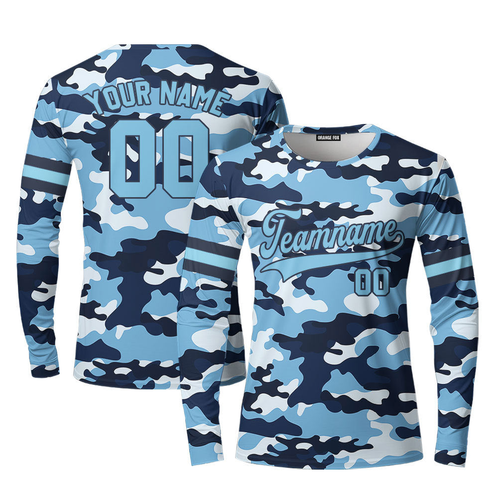 Custom Blue Millitary Camouflage Gray Black Custom Long Sleeve T-Shirt For Men & Women