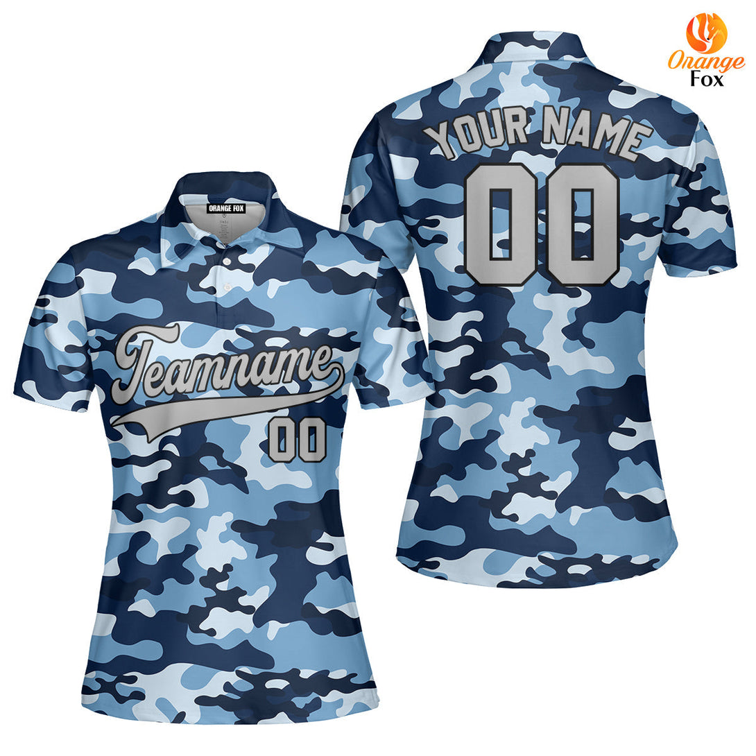 Custom Blue Millitary Camouflage Gray Black Custom Polo Shirt For Women