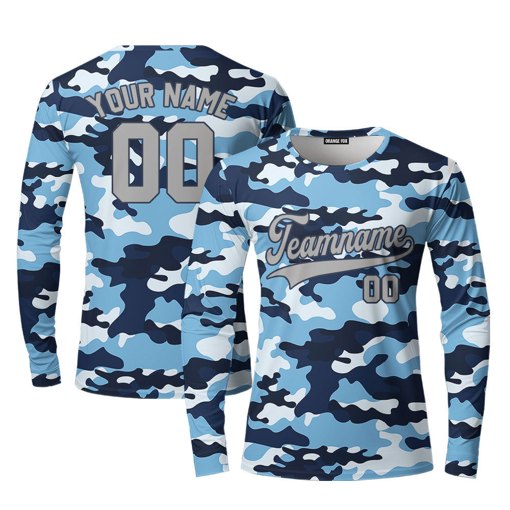 Custom Blue Millitary Camouflage Navy Blue Gray Custom Long Sleeve T-Shirt For Men & Women