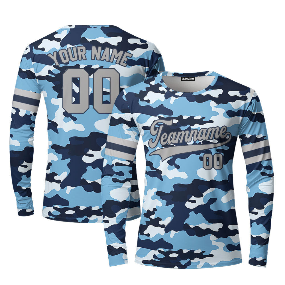 Custom Blue Millitary Camouflage Navy Blue Gray Custom Long Sleeve T-Shirt For Men & Women