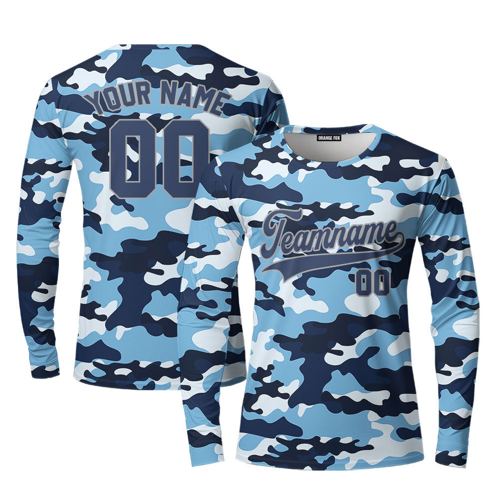 Custom Blue Millitary Camouflage Royal Blue White Custom Long Sleeve T-Shirt For Men & Women