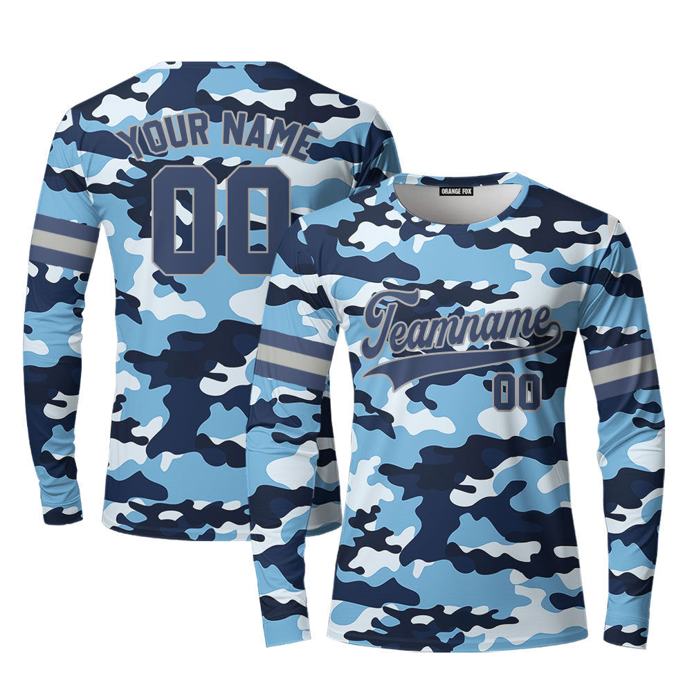 Custom Blue Millitary Camouflage Royal Blue White Custom Long Sleeve T-Shirt For Men & Women