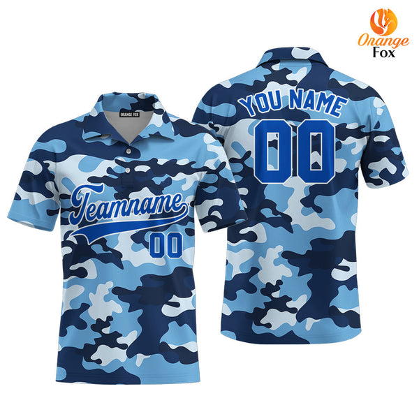 Custom Blue Millitary Camouflage Royal Blue White Custom Polo Shirt For Men