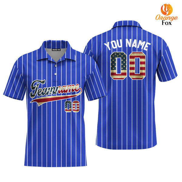 Custom Blue White Pinstripe American Flag White Custom Polo Shirt For Men