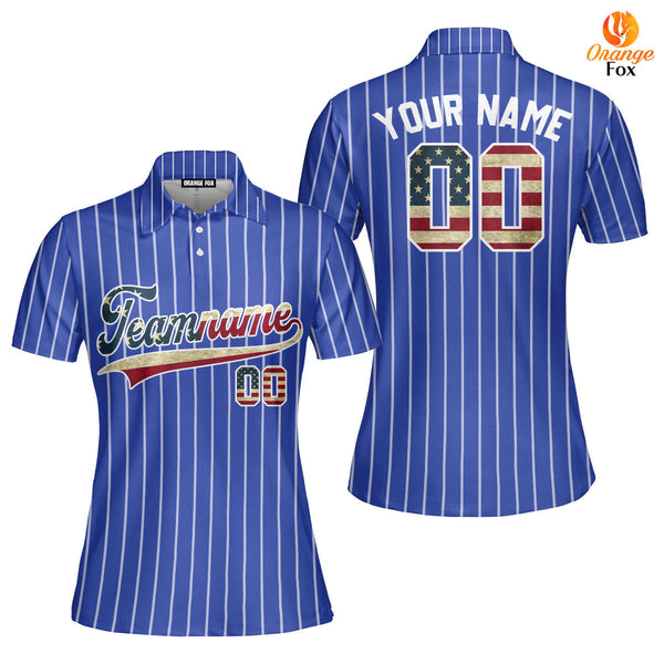 Custom Blue White Pinstripe American Flag White Custom Polo Shirt For Women