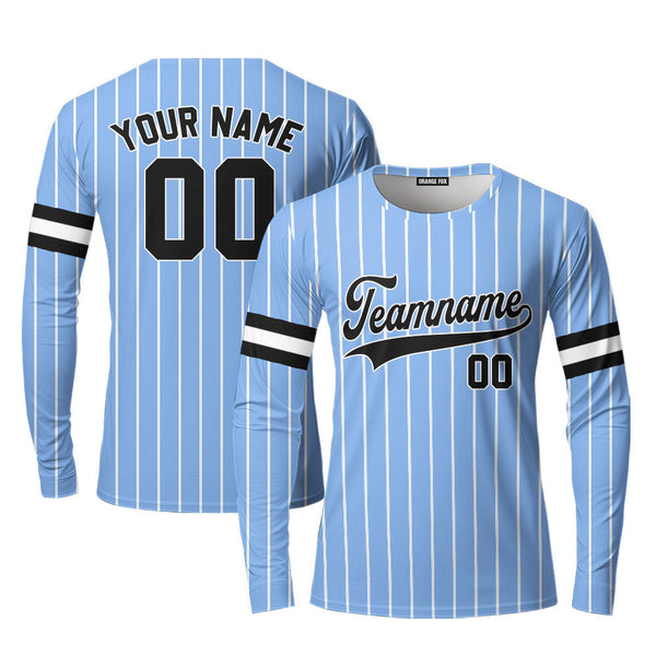 Custom Blue White Pinstripe Black White Custom Long Sleeve T-Shirt For Men & Women