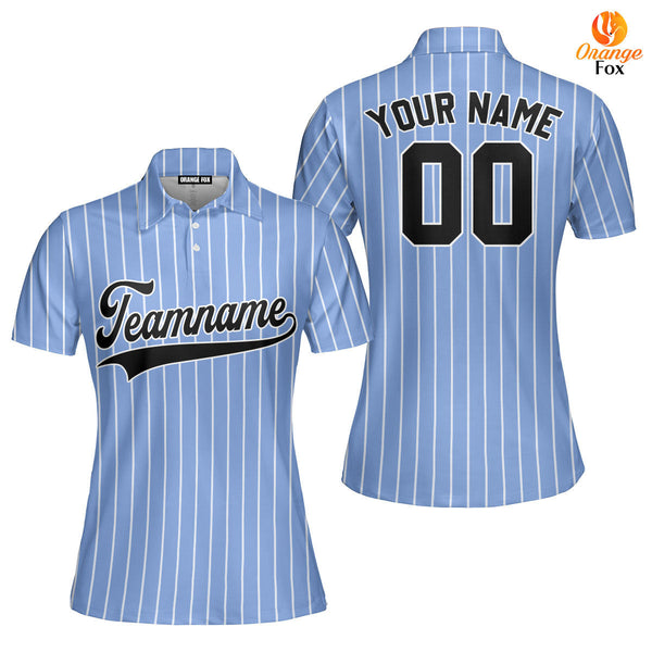 Custom Blue White Pinstripe Black White Custom Polo Shirt For Women