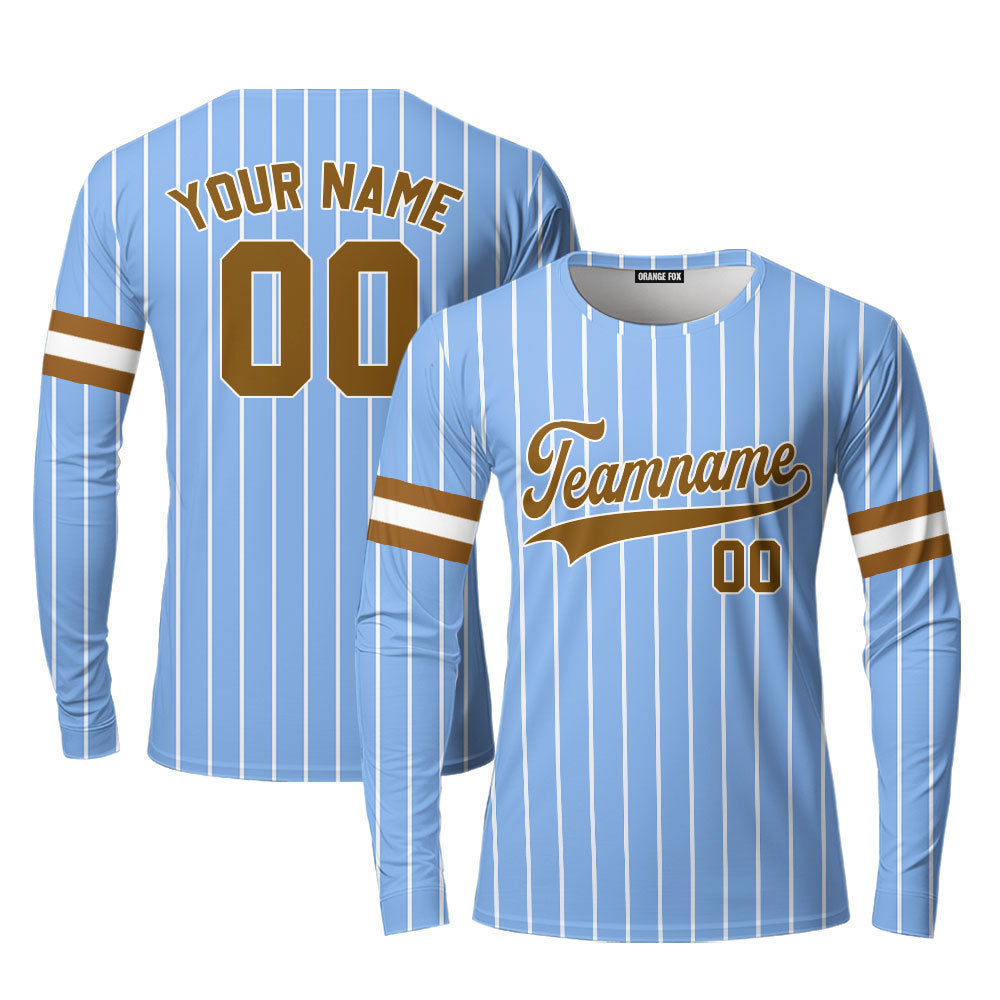 Custom Blue White Pinstripe Brown White Custom Long Sleeve T-Shirt For Men & Women