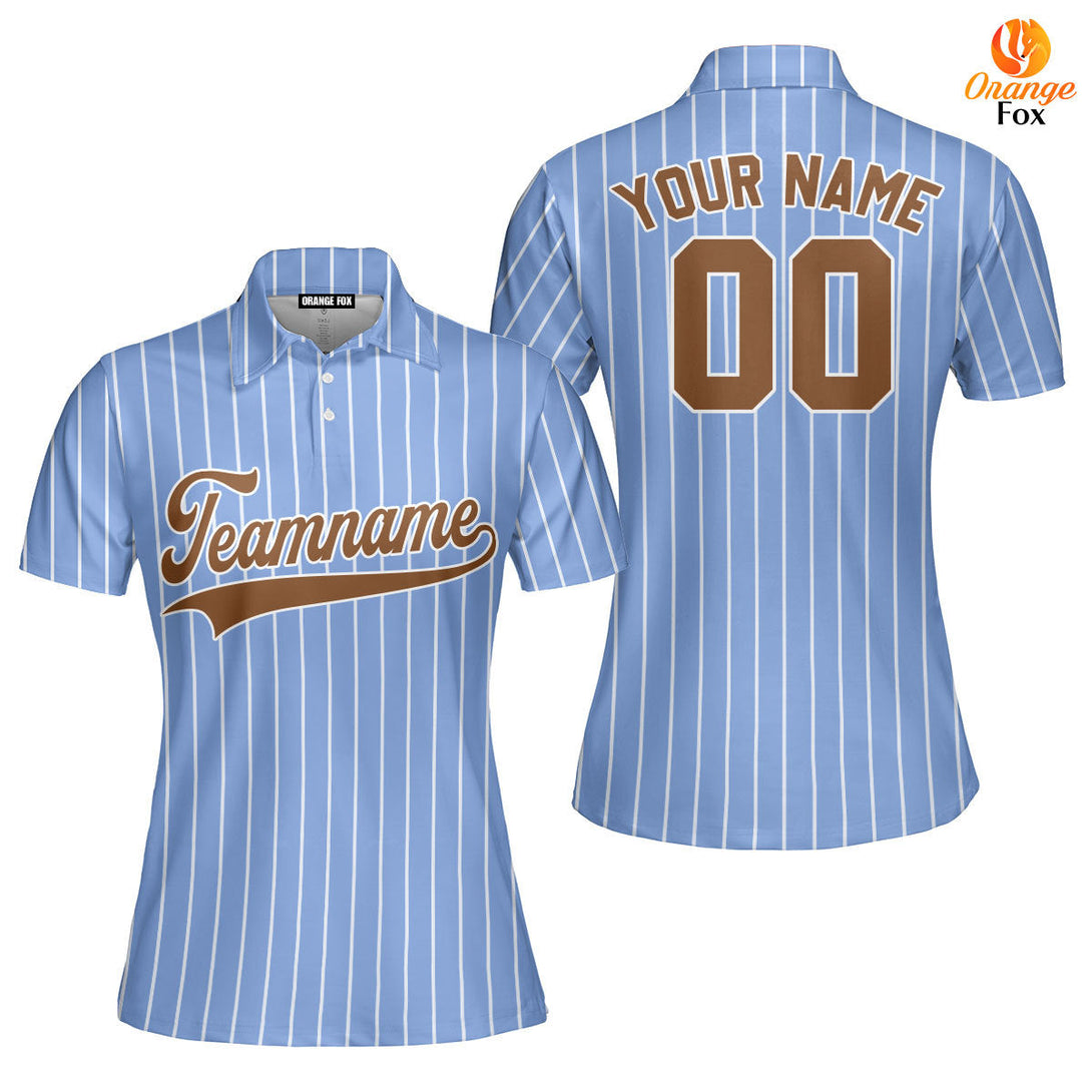 Custom Blue White Pinstripe Brown White Custom Polo Shirt For Women