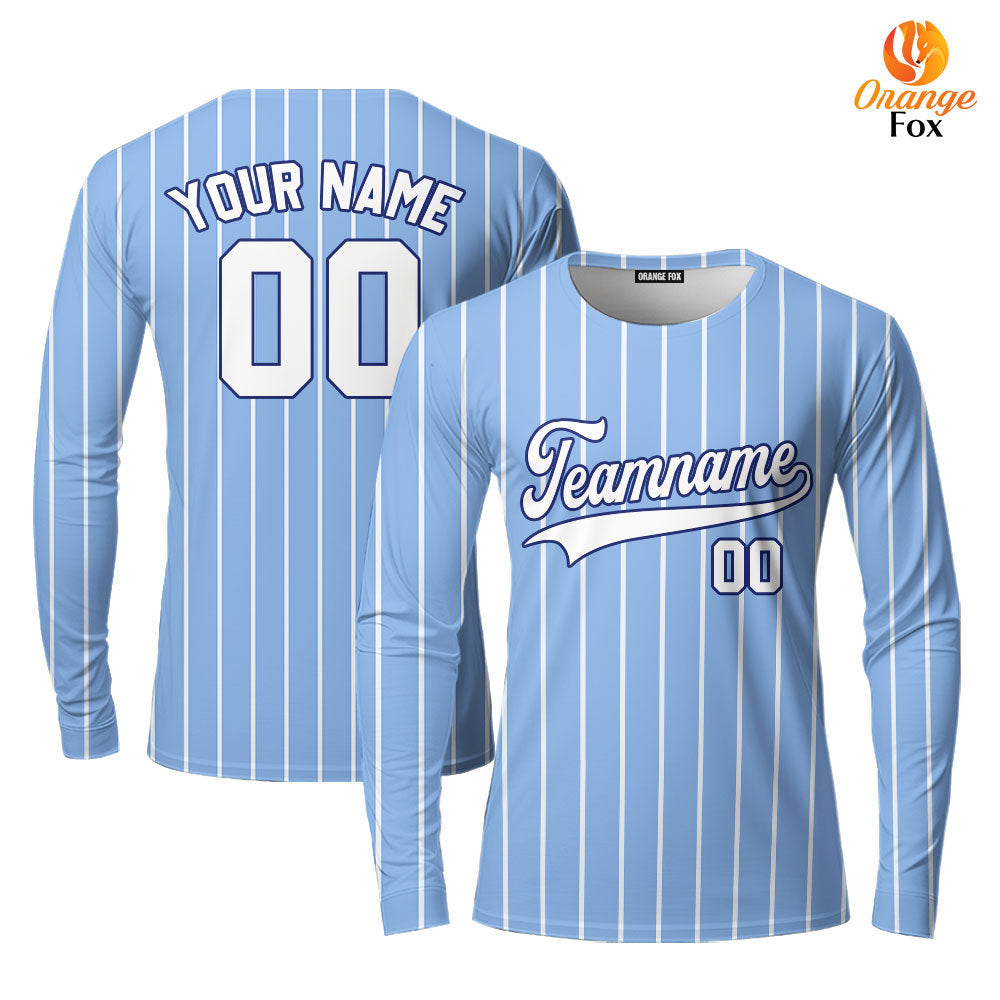 Custom Blue White Pinstripe White Blue Custom Long Sleeve T-Shirt For Men & Women