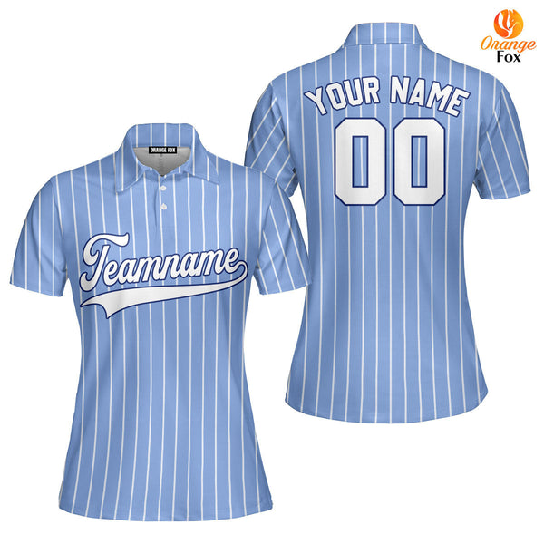 Custom Blue White Pinstripe White Blue Custom Polo Shirt For Women