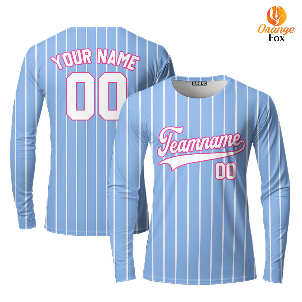 Custom Blue White Pinstripe White Pink Custom Long Sleeve T-Shirt For Men & Women