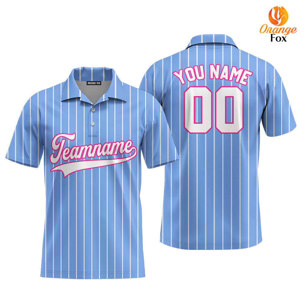 Custom Blue White Pinstripe White Pink Custom Polo Shirt For Men