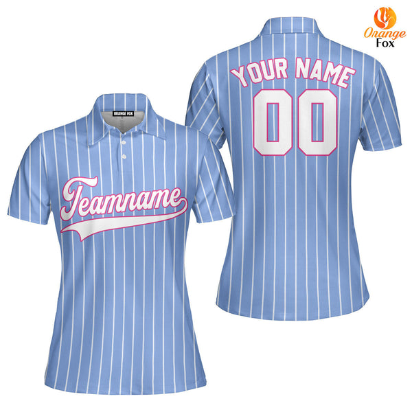 Custom Blue White Pinstripe White Pink Custom Polo Shirt For Women