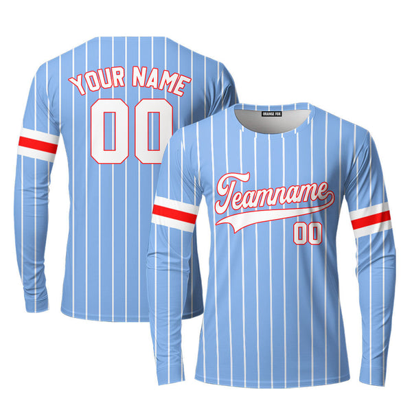 Custom Blue White Pinstripe White Red Custom Long Sleeve T-Shirt For Men & Women