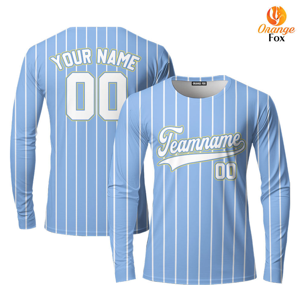 Custom Blue White Pinstripe White Yellow Custom Long Sleeve T-Shirt For Men & Women