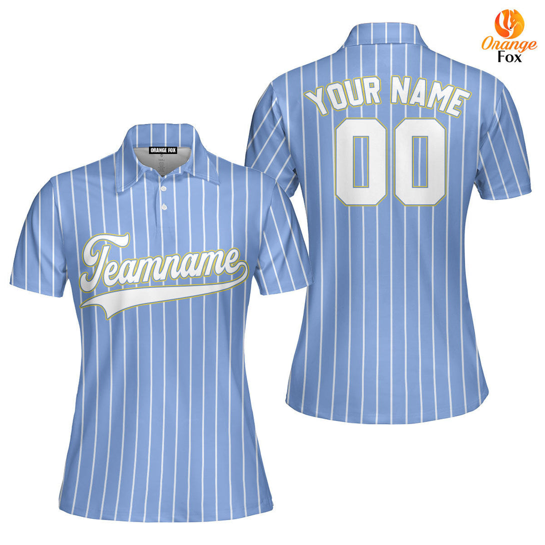 Custom Blue White Pinstripe White Yellow Custom Polo Shirt For Women