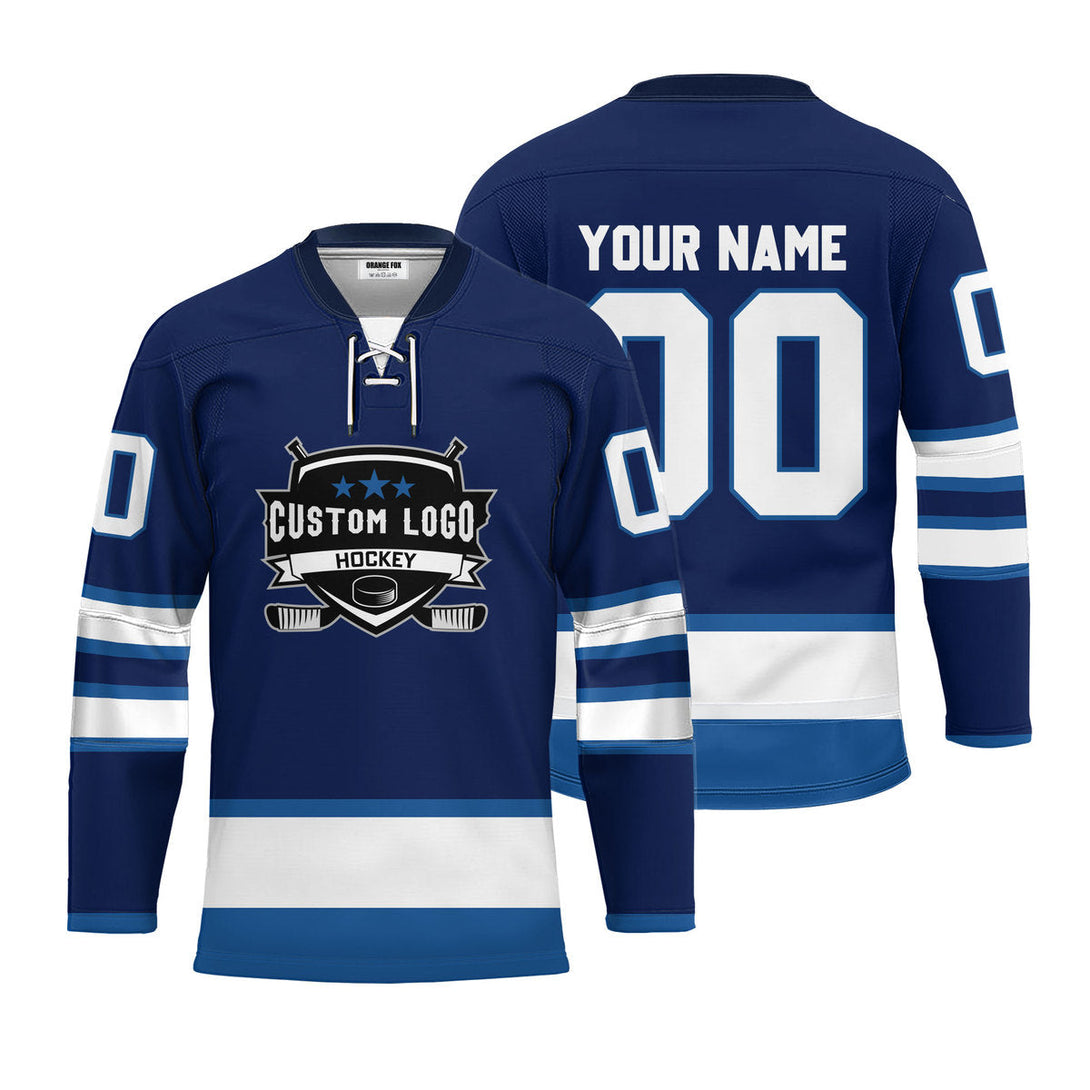 Custom Blue Winnipeg Lace Neck Hockey Jersey For Men & Women