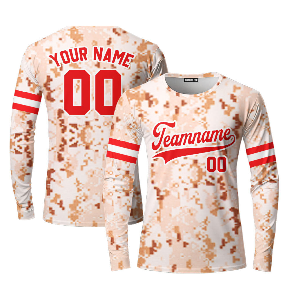 Custom Brown US Navy Pixel Camo Red White Custom Long Sleeve T-Shirt For Men & Women