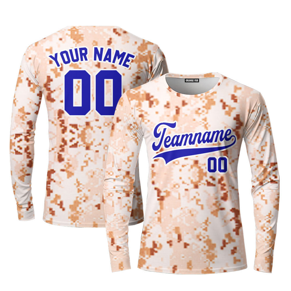 Custom Brown US Navy Pixel Camo Royal Blue White Custom Long Sleeve T-Shirt For Men & Women