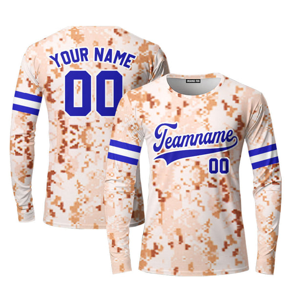 Custom Brown US Navy Pixel Camo Royal Blue White Custom Long Sleeve T-Shirt For Men & Women