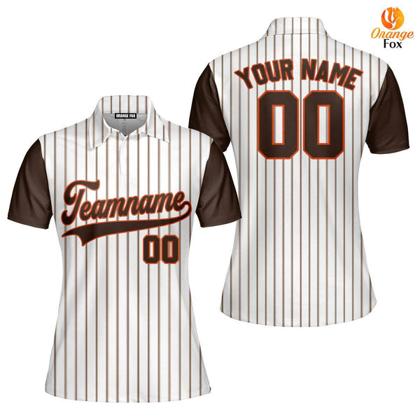 Custom Brown White Pinstripe Brown Orange Raglan Sleeves Custom Polo Shirt For Women