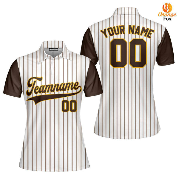 Custom Brown White Pinstripe Brown Yellow Raglan Sleeves Custom Polo Shirt For Women