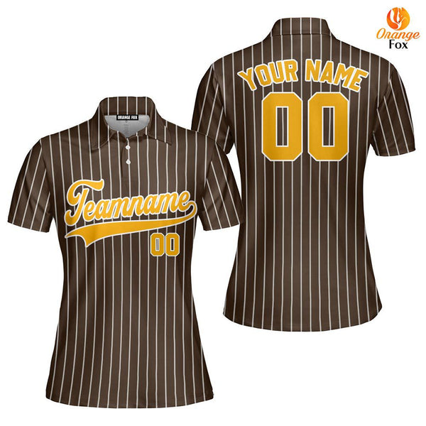 Custom Brown White Pinstripe Yellow Custom Polo Shirt For Women