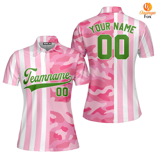 Custom Camo Pink Stripe Neon Green-White Split Fashion Custom Polo Shirt For Women