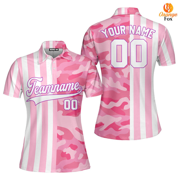 Custom Camo Pink Stripe White-Pink Purple Split Fashion Custom Polo Shirt For Women