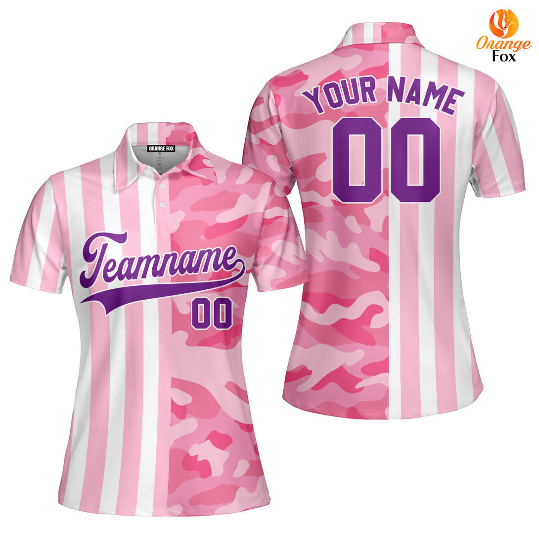 Custom Camo Pink Stripe White-Purple Split Fashion Custom Polo Shirt For Women