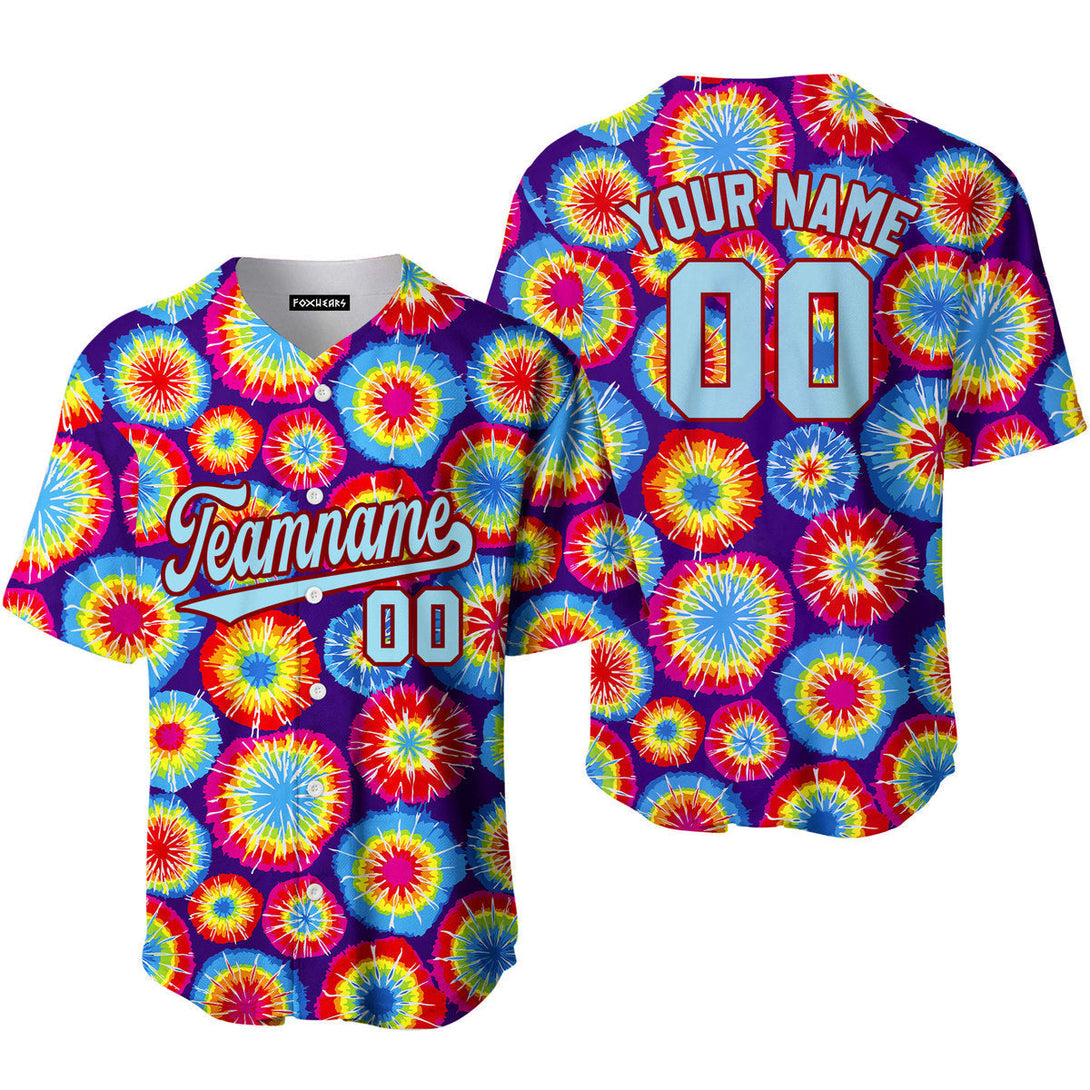 Custom Circle Tie Dye Light Blue Red Custom Baseball Jerseys For Men & Women