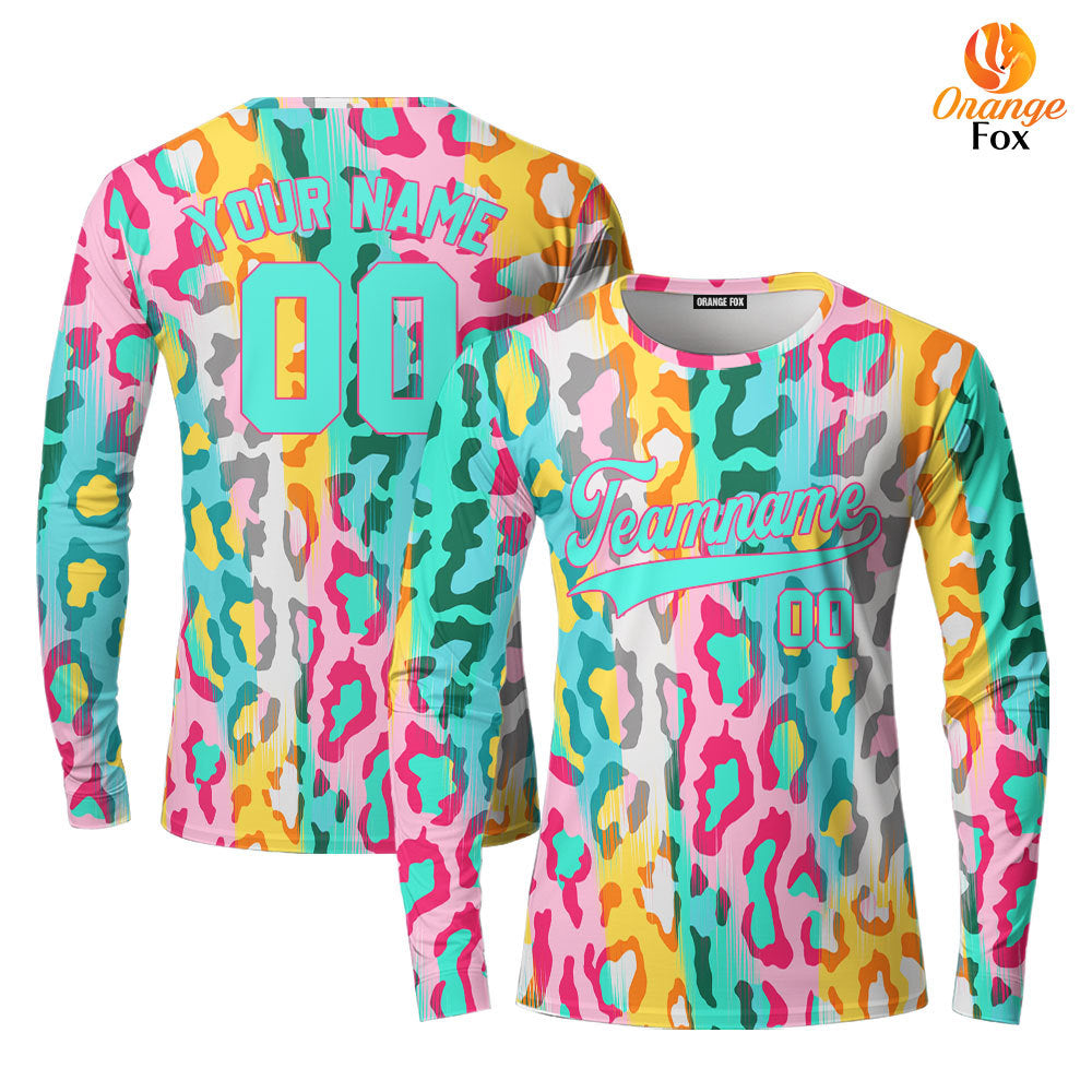 Custom Colorful Leopard Pattern Teal Pink Custom Long Sleeve T-Shirt For Men & Women