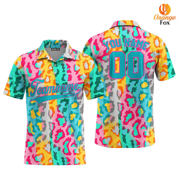 Custom Colorful Leopard Pattern Teal Pink Custom Polo Shirt For Men