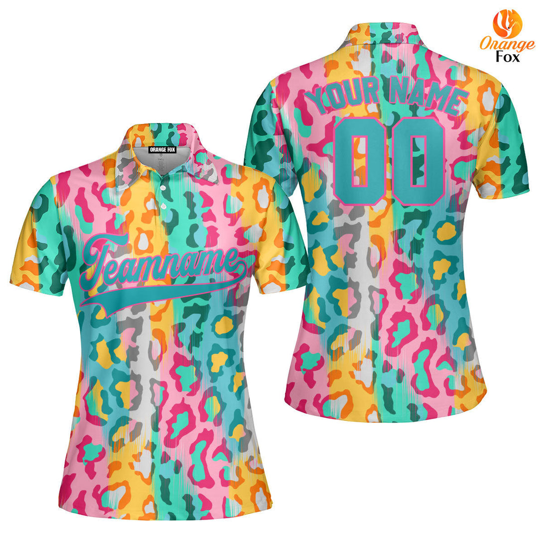 Custom Colorful Leopard Pattern Teal Pink Custom Polo Shirt For Women