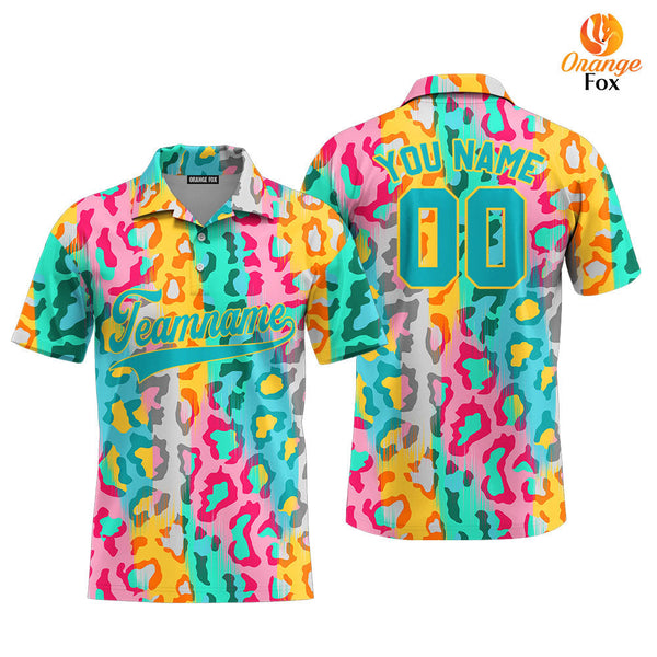 Custom Colorful Leopard Pattern Teal Yellow Custom Polo Shirt For Men