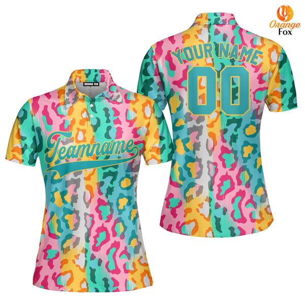 Custom Colorful Leopard Pattern Teal Yellow Custom Polo Shirt For Women