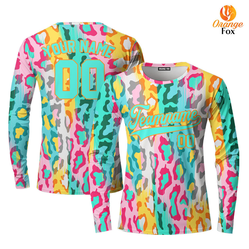 Custom Colorful Leopard Pattern Yellow Teal Custom Long Sleeve T-Shirt For Men & Women
