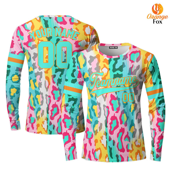 Custom Colorful Leopard Pattern Yellow Teal Custom Long Sleeve T-Shirt For Men & Women