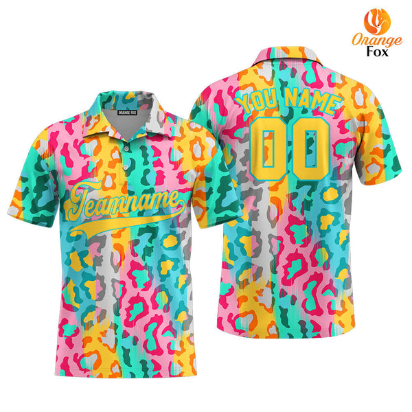 Custom Colorful Leopard Pattern Yellow Teal Custom Polo Shirt For Men