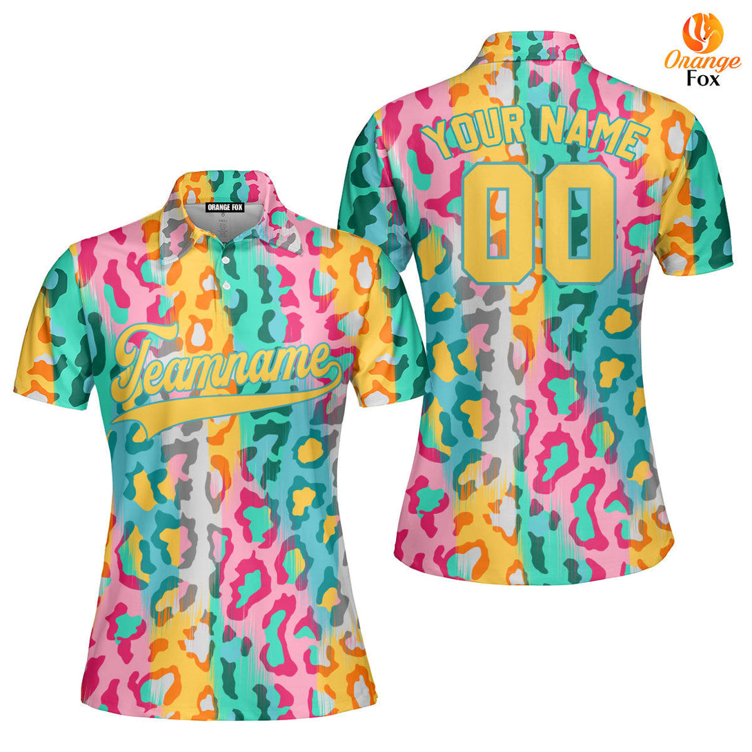 Custom Colorful Leopard Pattern Yellow Teal Custom Polo Shirt For Women