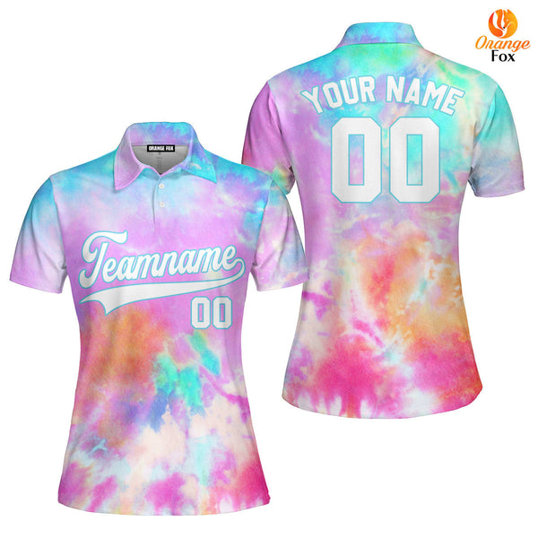 Custom Colorful Tie Dye White Light Blue Custom Polo Shirt For Women