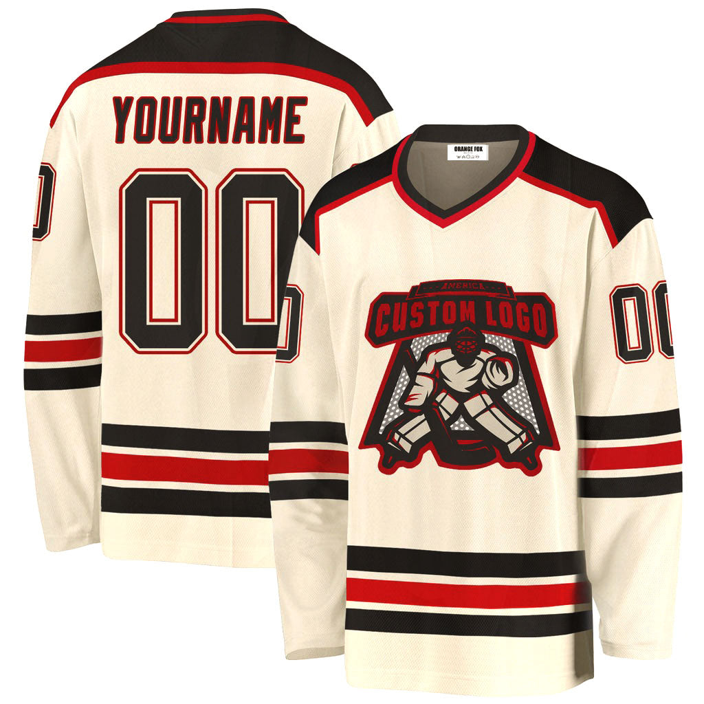 Custom Cream Black-Red V Neck Hockey Jersey