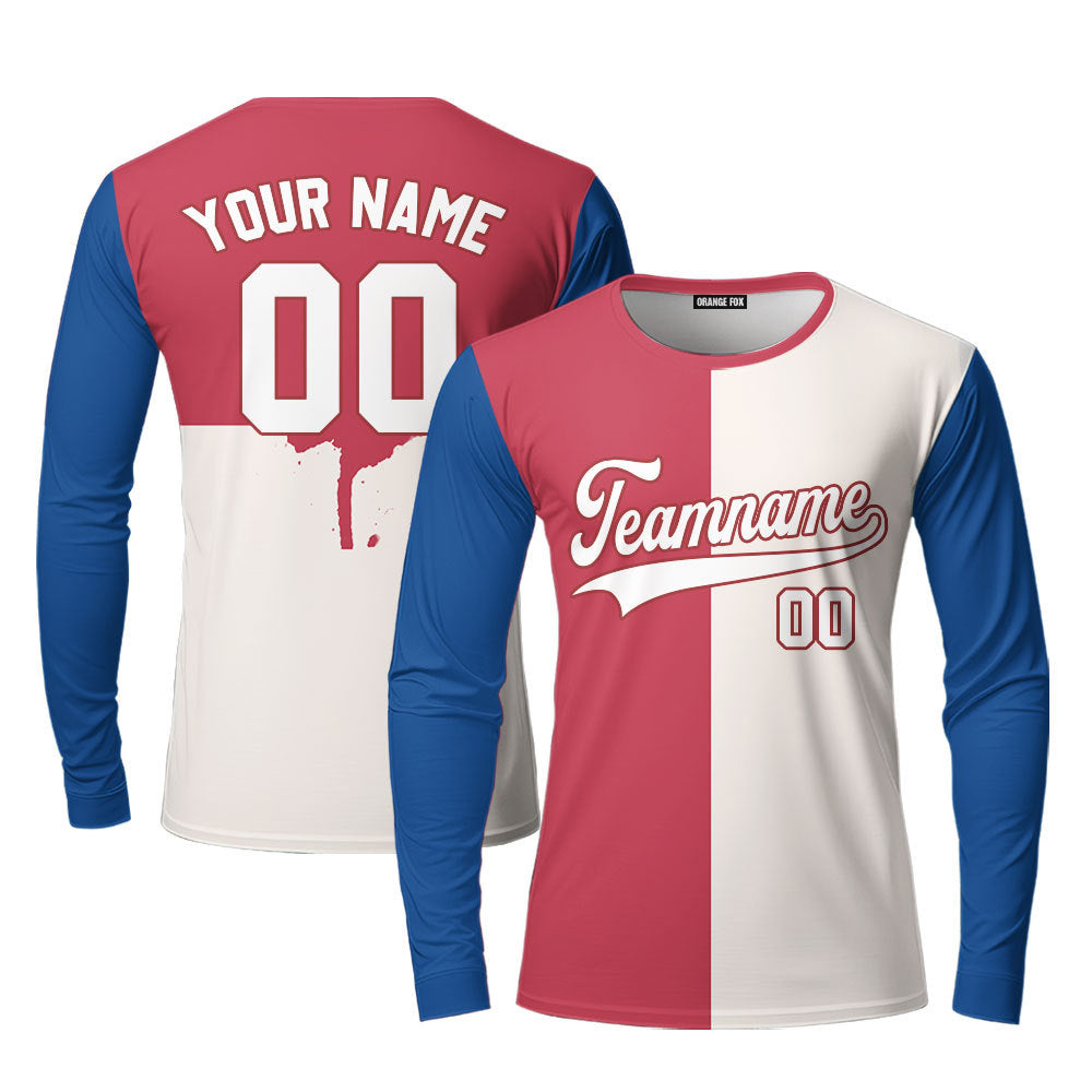 Custom Cream Red Blue Split Fashion Custom Long Sleeve T-Shirt For Men & Women